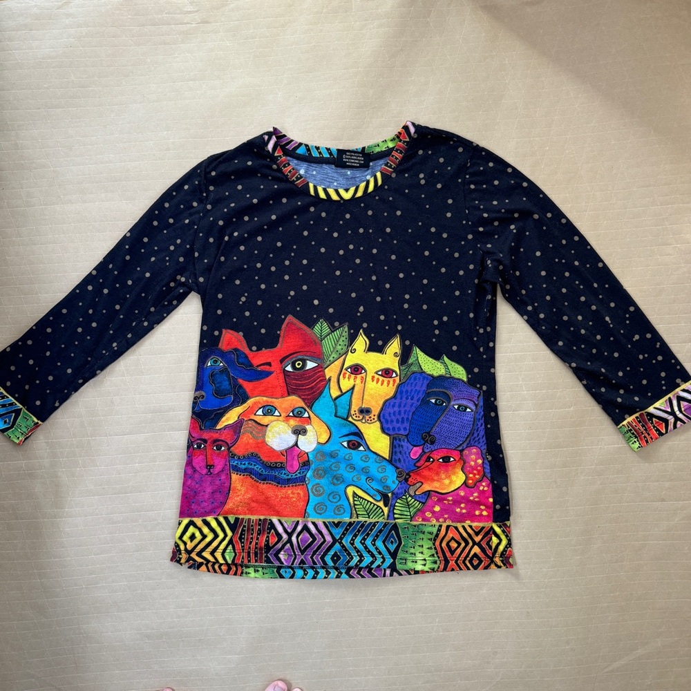 Laurel Burch Multicolor‎ print Print 3/4 Sleeve shirt with dogs and cats sz M